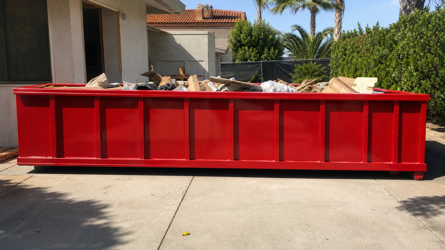 Red roll-off dumpster with a partially completed household cleanup load during a defined rental window