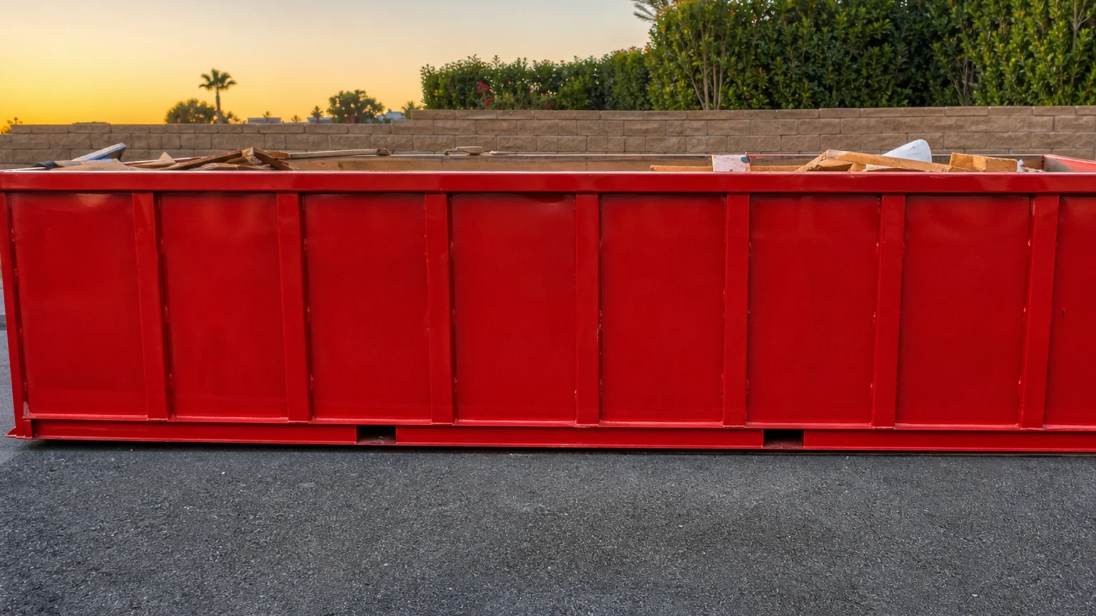 Red roll-off dumpster ready for pickup with material contained and the surrounding work area clear