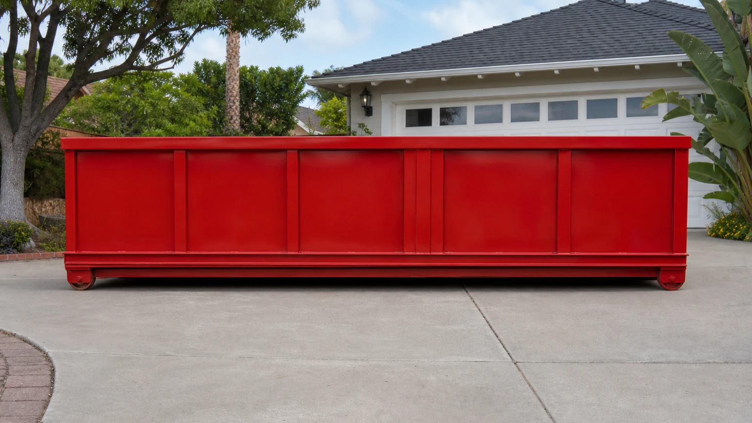Red roll-off dumpster centered on a wide private driveway with clear placement space