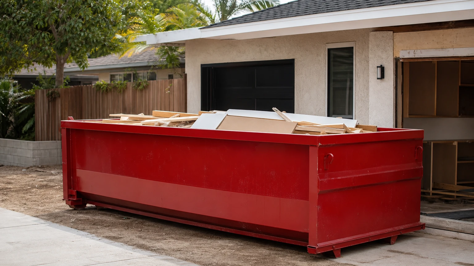 Red roll-off dumpster loaded below the rim with organized remodeling debris beside a home project