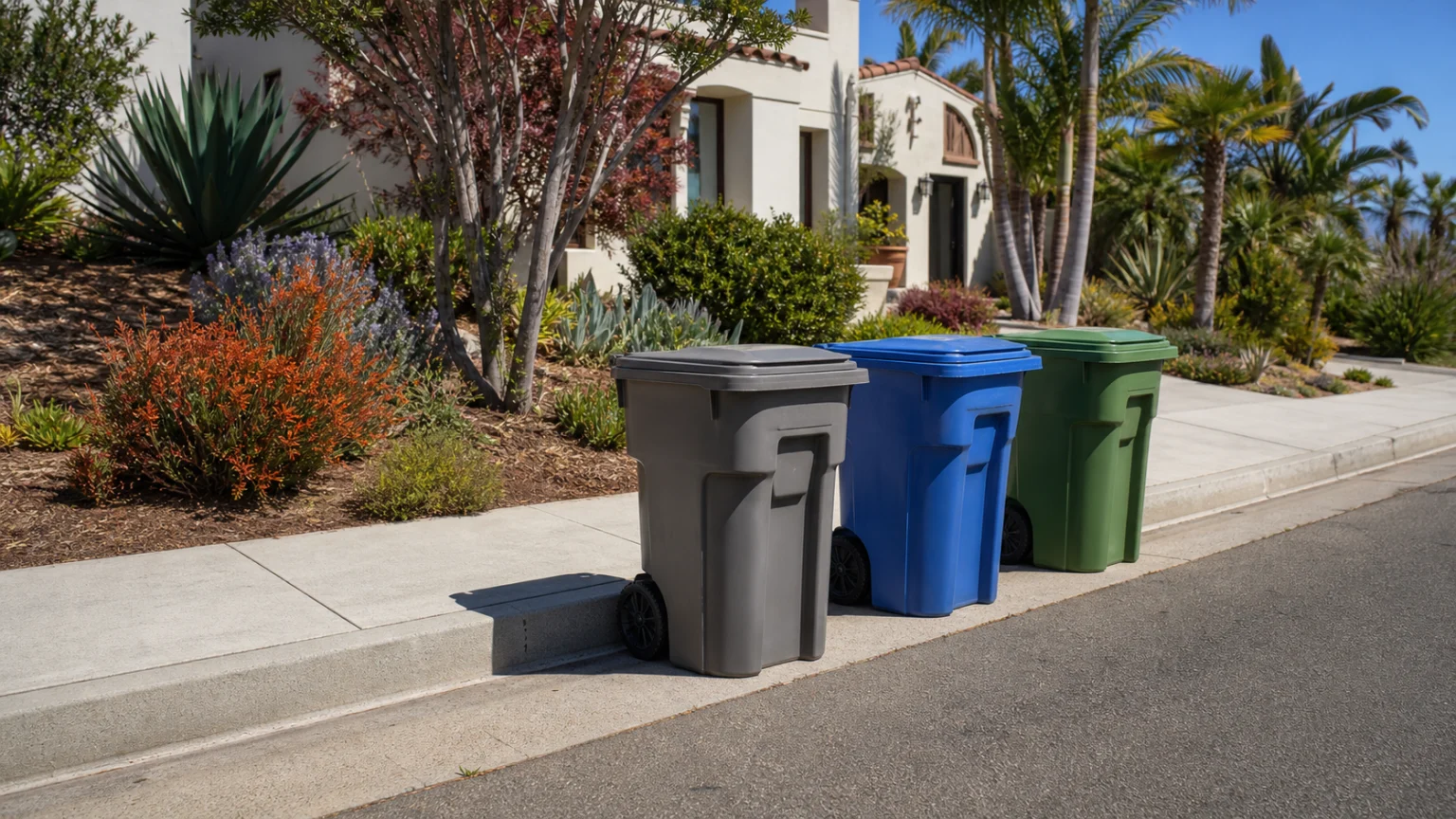 Plain gray blue and green curbside carts positioned for address-specific residential collection