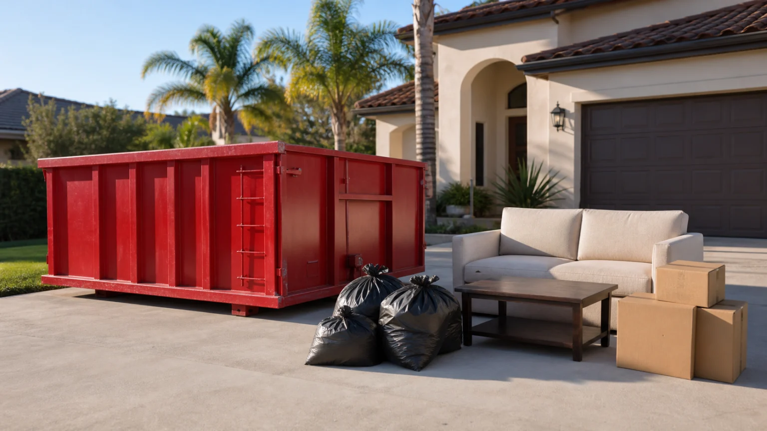 Red roll-off dumpster beside a sofa table bagged material and boxes staged for one-time bulky-item cleanup