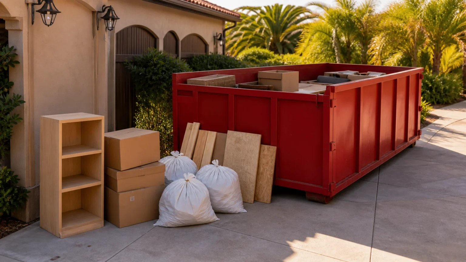 Red roll-off dumpster beside a complete organized cleanup scope with boxes bags shelving and clean wood