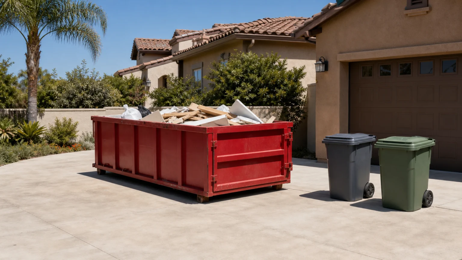 Red roll-off dumpster loaded below the rim with organized remodel debris beside two closed curbside carts