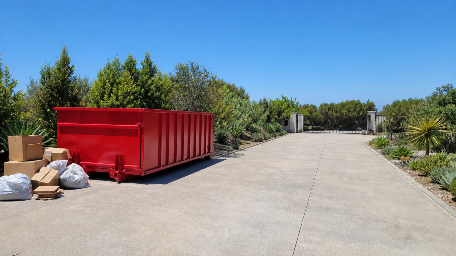 Red roll-off dumpster beside organized cleanup material with a wide clear driveway approach and open gate